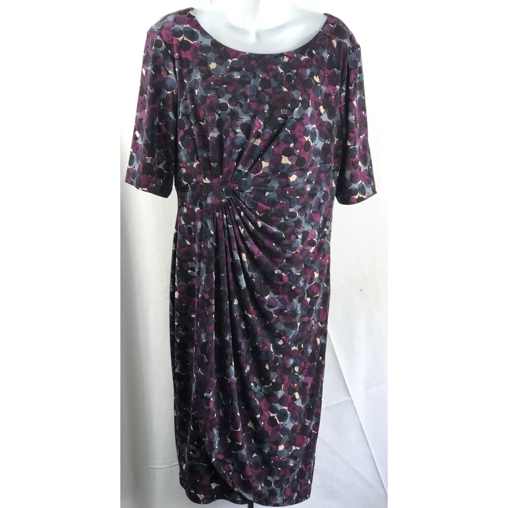 Vintage Midi dress 14 purple/blue Geo mock wrap 1/2 Sleeve Ruched Drape Y2K